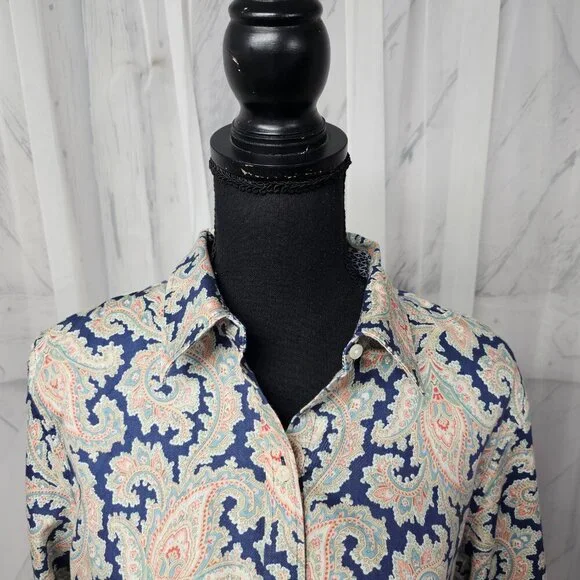 Chaps Navy Blue Pink Paisley Button-Down Long Sleeve Boho Blouse Size PXL - Picture 2 of 12